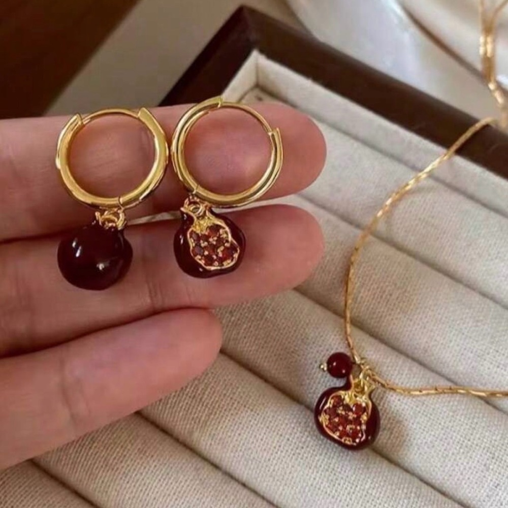 Gold Hoop Earrings with Deep Red Pomegranate Charms - Picture 1 of 3